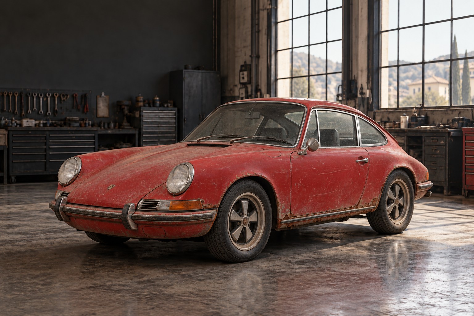 KI-Beispiel: roter Porsche 911 vor der Restaurierung mit mattem Lack und Korrosion an der Karosserie