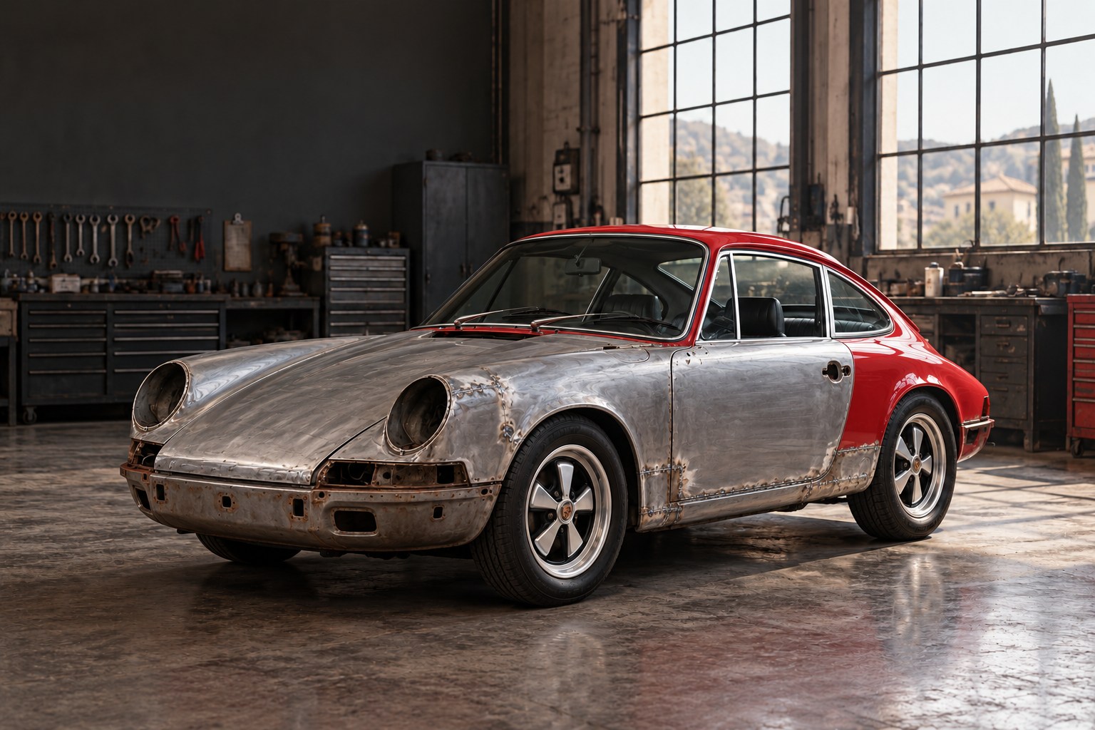 KI-Beispiel: Porsche 911 während der Karosseriearbeiten mit freigelegten und bearbeiteten Blechflächen