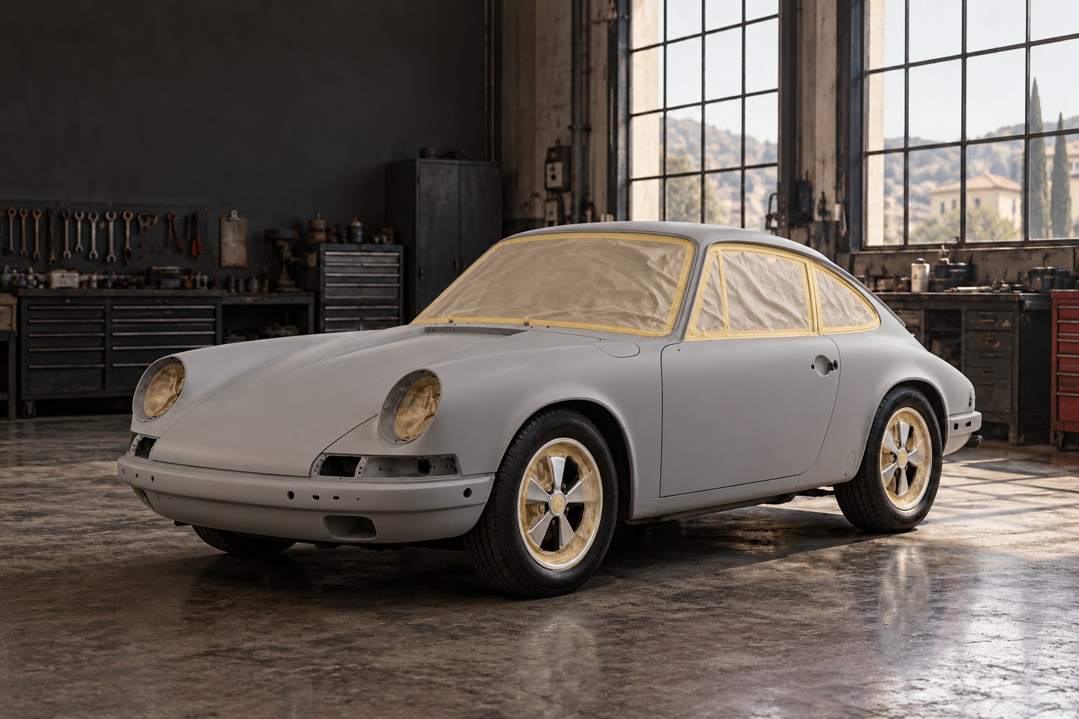 KI-Beispiel: vorbereitete Porsche-911-Karosserie mit matter Grundierung und abgeklebten Flächen vor der Lackierung