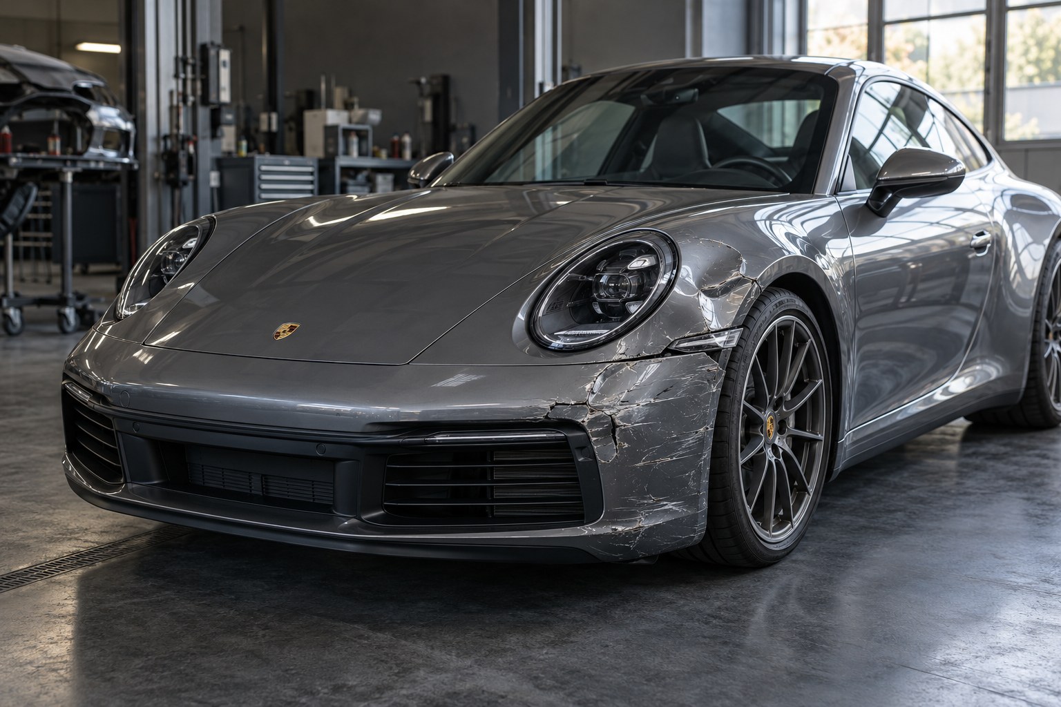 KI-Visualisierung: Porsche 911 mit Karosserieschaden