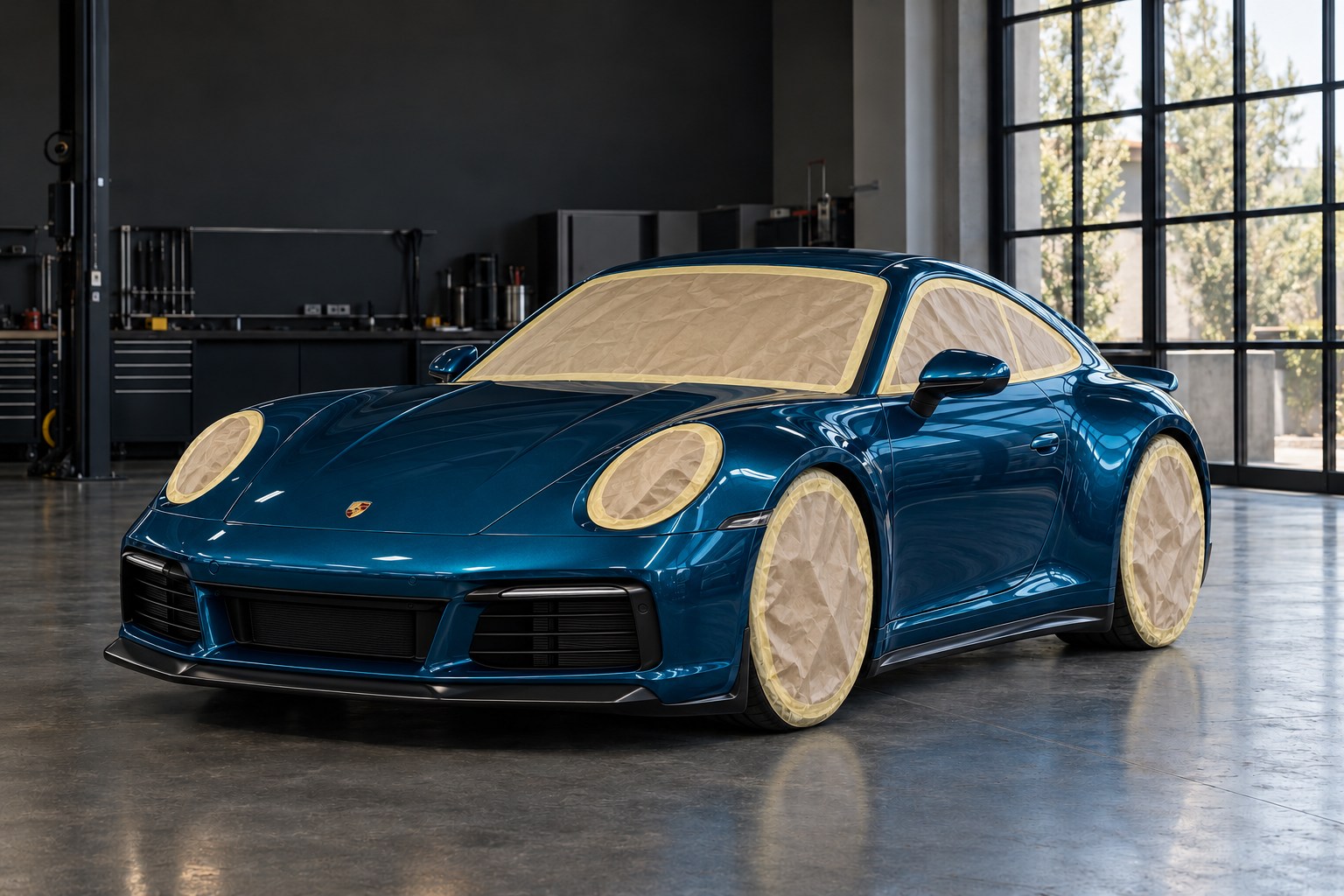 KI-Beispiel: Porsche 911 in neuem Petrolblau während der Lackier- und Finishphase mit geschützten Bereichen