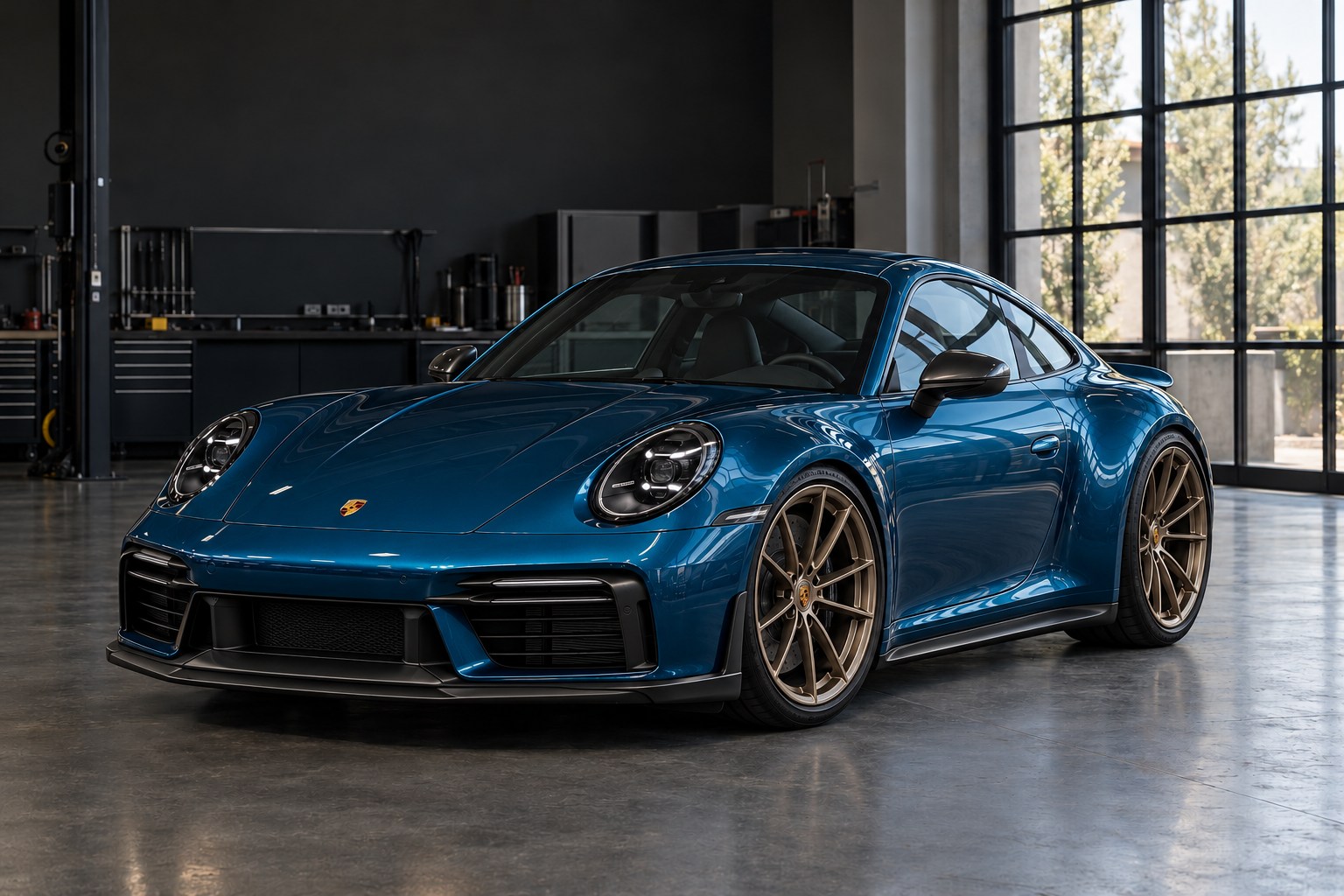 KI-Designbeispiel: individualisierter Porsche 911 in Petrolblau