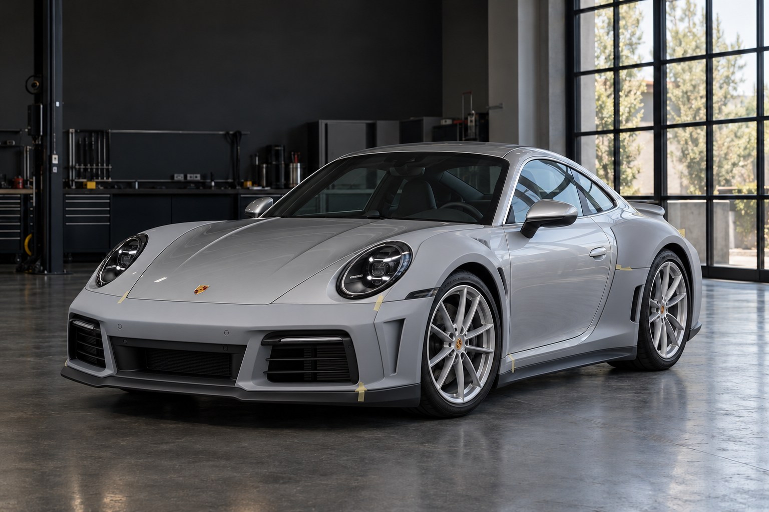 KI-Beispiel: Porsche 911 während der Anpassung markanterer Karosseriepartien mit teils grundierten Bauteilen