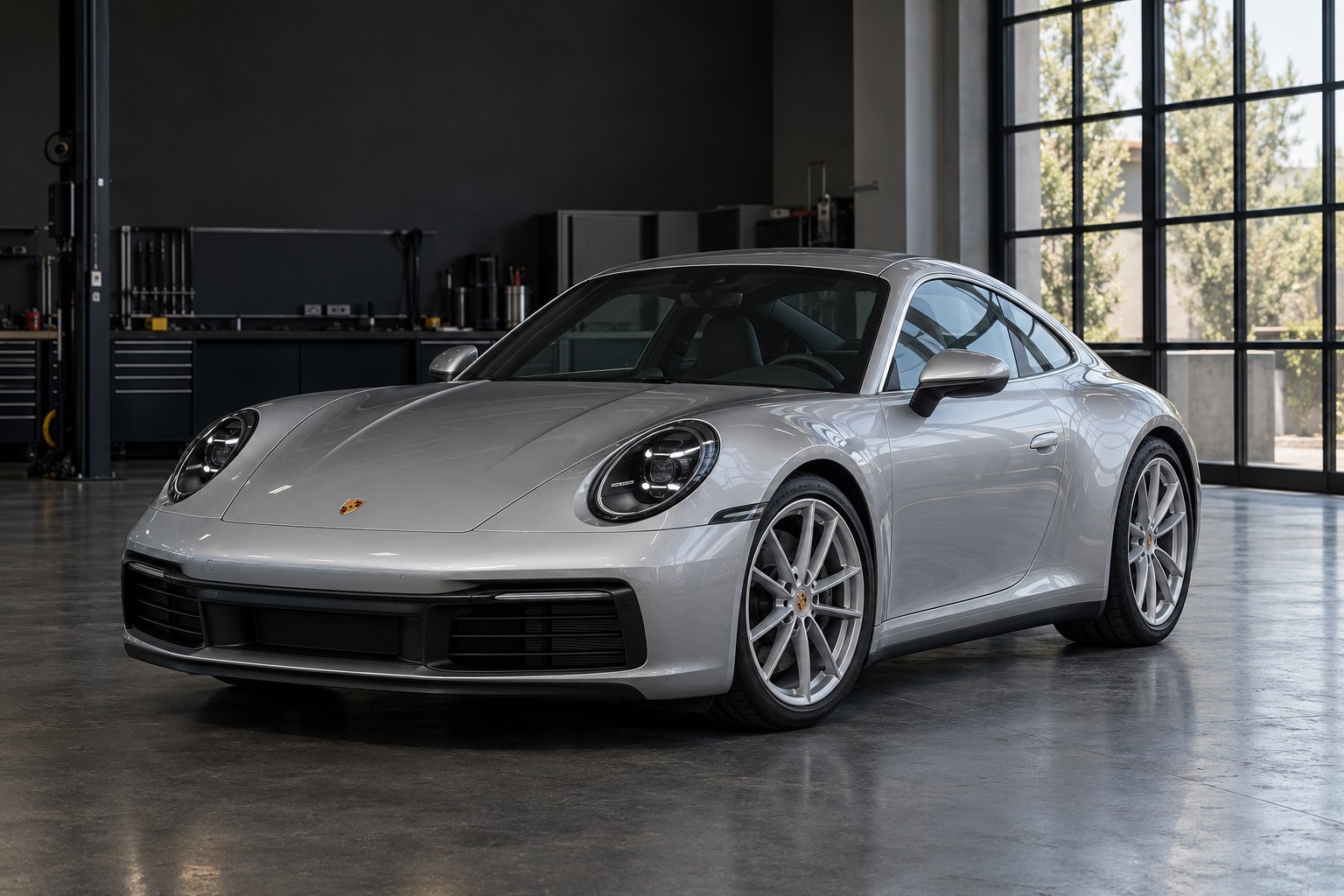 KI-Beispiel: serienmäßiger silberner Porsche 911 mit originalen Felgen und unveränderter Karosserie